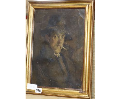 English School c.1900, oil on canvas, Portrait of a gentleman smoking a cigarette, 34 x 24cm