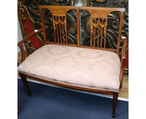 An Edwardian inlaid chair back settee W.106cm