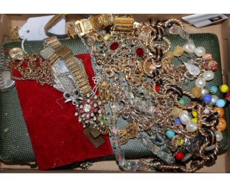 A 9ct gold chain, a lady's 9ct gold Rotary watch on a 9ct bracelet, a quantity of assorted costume jewellery and a cased pair