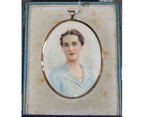 G. de Luca, oil on ivorine, Miniature portrait of a lady, signed, 10.5 x 8cm, leather cased