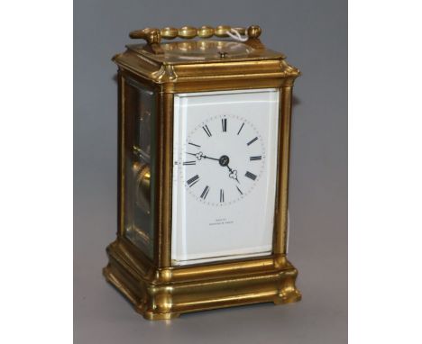 A French brass carriage clock by Ellis of Exeter and Paris, No. 905, lower platform escapement movement with push repeat and 