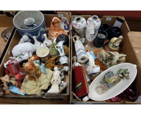 A mixed collection of items to include large jasperware planter, Wedgwood vase, commemorative cups, figures etc (2 trays) 