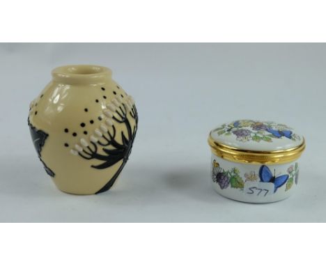 Moorcroft small boxed vase in summer silhouette pattern together with Kingsley enamel box decorated with butterflies and berr
