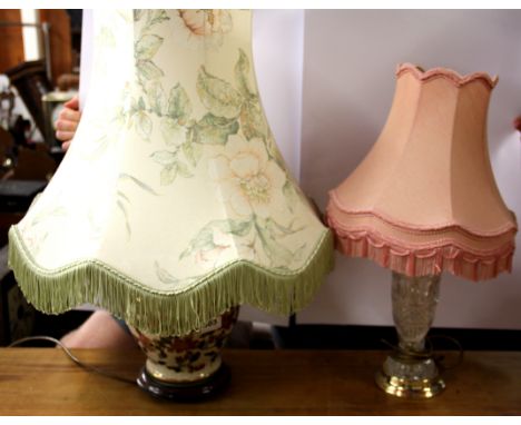 A cut crystal table lamp and shade with a ceramic table lamp and shade, H. 70cm H. 55cm.