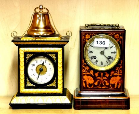 An Edwardian inlaid rosewood striking mantel clock by 'Dupont a Paris' together with a similar period alarm clock, H. 26cm. C
