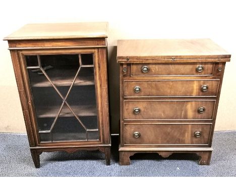 A mahogany veneered small chest of drawers, converts into a writing table, 60 x 35 x 75cm, together with an inlaid mahogany v