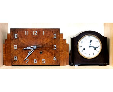 An Art Deco walnut veneered mantel clock, H. 20cm, and a Smith's Bakelite mantle clock.