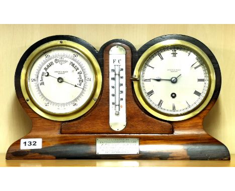 A Christie and Wilson mahogany mounted clock, barometer and thermometer, presented to Capt. Donald McMillan for service on SS