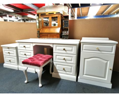 A white finished pine dressing table, 140 x 52 x 74cm, together with a matching bed side cabinet, 50 x 50 x 60cm, and a furth