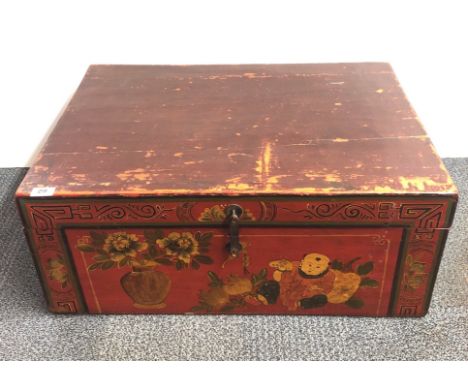 An early 20th Century Chinese hand painted marriage chest, size 50 x 75 x 32cm. Condition - Crack to the top panel.