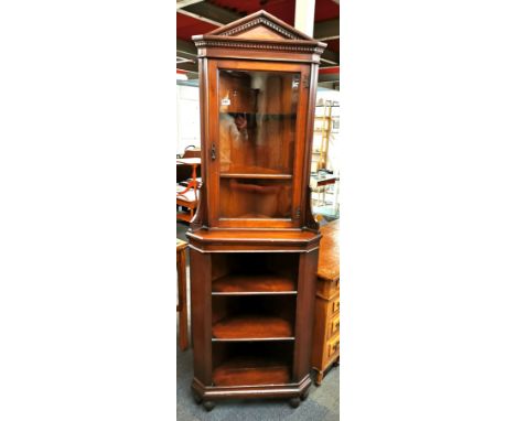 An Edwardian mahogany veneered corner display cabinet, 190 x 68 x 50cm.