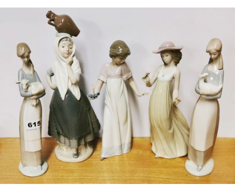 A Lladro figure of a girl with a lamb and four Nao figures, tallest H. 32cm.