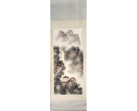 A Chinese watercolour on paper of two poets talking in a pavilion mounted as a scroll with silk surround. 225 x 81cms.