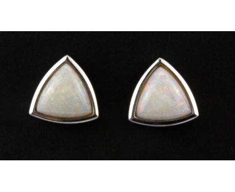 A pair of 18ct yellow and white gold opal set earrings, L. 1.1cm.