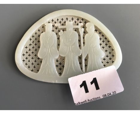 A small Chinese carved nephrite jade panel of the Three Lucky Gods probably originally from the top of a box. W. 8.7cms. Cond