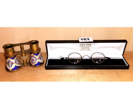 A pair of 19th century hand enamelled opera glasses and a pair of 19th century steel folding spectacles.  Condition : opera g