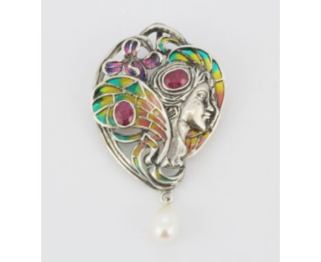 An Art Nouveau style 925 silver champlevé enamel brooch set with rubies and a pearl, 6 x 4cm.