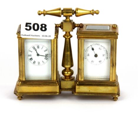A brass carriage clock and barometer, H. 10cm. Condition - Appears to be in working order but not tested for accuracy.