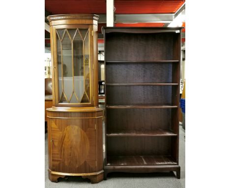 A contemporary mahogany veneered bookcase and a glazed corner cabinet, bookcase size 90 x 170cm.