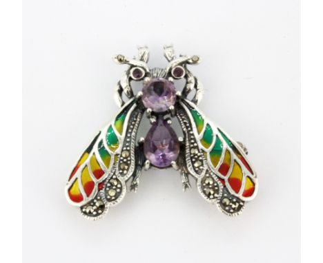 A 925 silver and cloisonne enamel bee shaped brooch set with amethysts, L. 4cm.