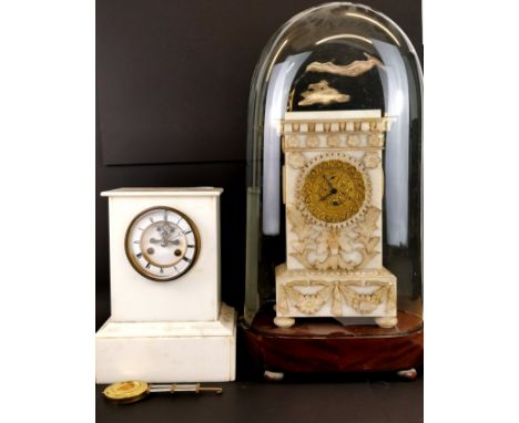 An early 19th Century French carved white marble mantle clock under dome together with a further white marble mantle clock, d