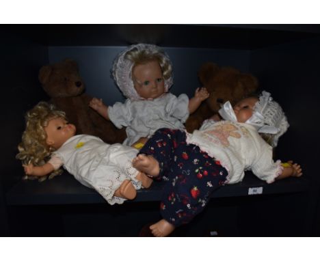 Three dolls and two vintage teddy bears