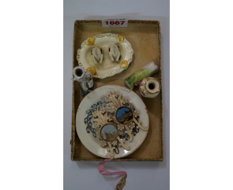 A small quantity of miniature items, to include a rare late 18th century creamware game dish, 7cm wide; and a pair of bone ea