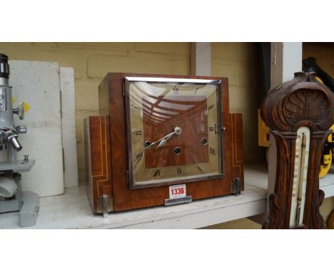 A 1930s walnut and line inlaid Westminster striking mantel clock, in the Art Deco style, 28.5cm wide. 