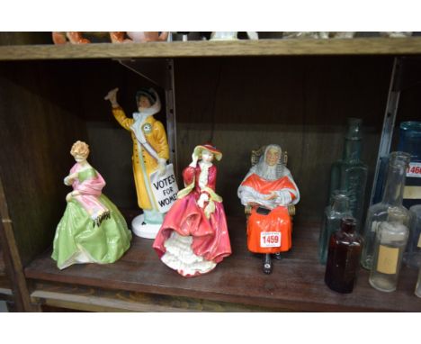 Three Royal Doulton figures, comprising: 'Top O'the Hill', HN1834; 'The Judge', HN2443; and 'Votes for Women', HN2186; togeth