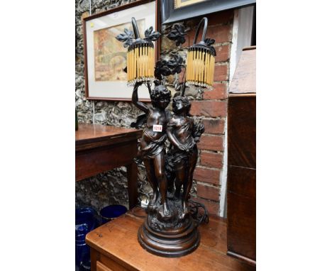 A bronzed figural twin branch table lamp, total height 75cm. 