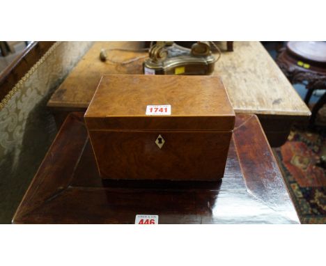 A 19th century burr walnut tea caddy, 19cm wide.