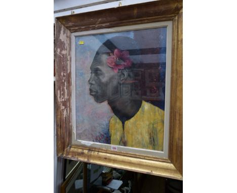 European School, contemporary, head and shoulders portrait of an African figure with flower in hair, indistinctly monogrammed