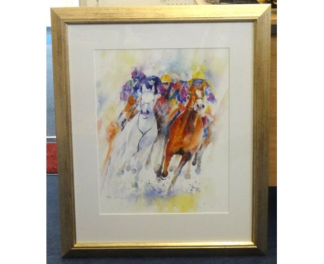 Sheila Gill, signed print 'Colours of the Race', 66cm x 24cm t/w three others