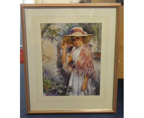 Gordon King, signed limited edition Artist Proof, 'Girl with Straw Hat' print, 45cm x 35cm.
