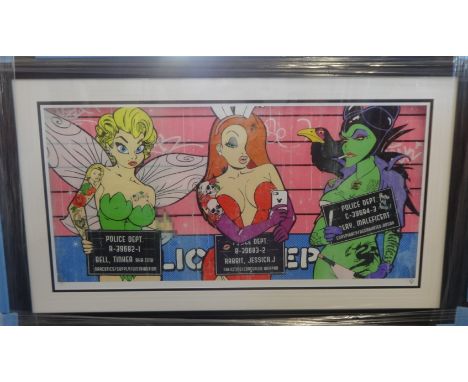 J.J. Adams print 'Dirty Disney 2' featuring Tinkerbell, Jessica J Rabbit and Maleficent. 84/195 framed by publishers. 100cm x