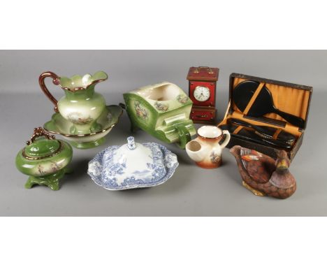 A quantity of mixed collectable including Staffordshire ceramics, a boxed set British Vulcanite brushes, clock, ceramic duck 