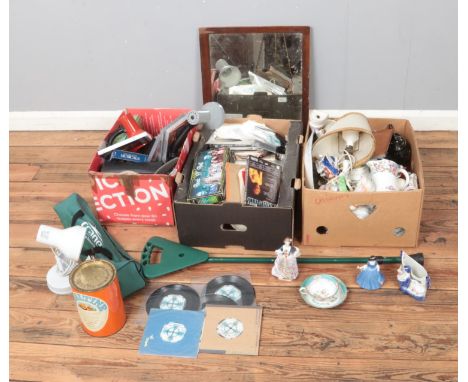 Three boxes of miscellaneous to include Royal Crown Derby, Royal Albert, vintage tins, ceramic figures, etc.  