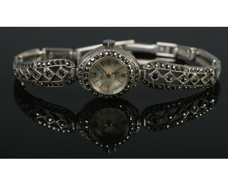 A vintage ladies silver and marcasite Mudu manual wind wristwatch, with 17 jewel movement and silvered dial. Stamped 'Sterlin