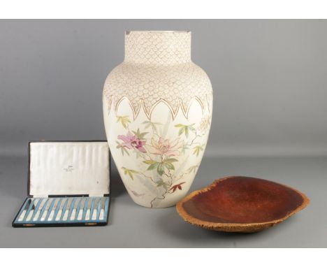 A very large cream ceramic vase with gilt and floral decoration, together with a burr walnut shallow bowl and cased set of Wa