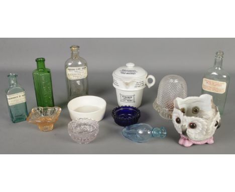 A box of miscellaneous. Includes glass fairy lamp, poison bottles, etc.  Owl light has nibbles to rim and chip to right eye o