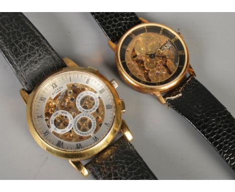 Two manual skeleton wristwatches. Includes Rotary and Avia.  Rotary doesn't wind.
