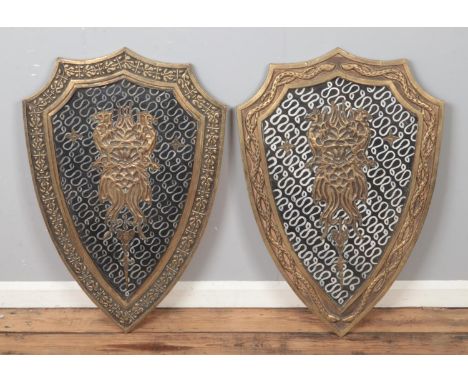 A pair of large vintage wooden shields, theatre props/re-enactment shields. Hx91cm  