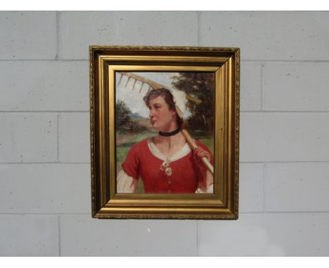 HARRY FRANK CUTTING (1865-1955 Suffolk artist): Half length portrait of Harry Cutting's wife Anne Eliza dressed to work in th