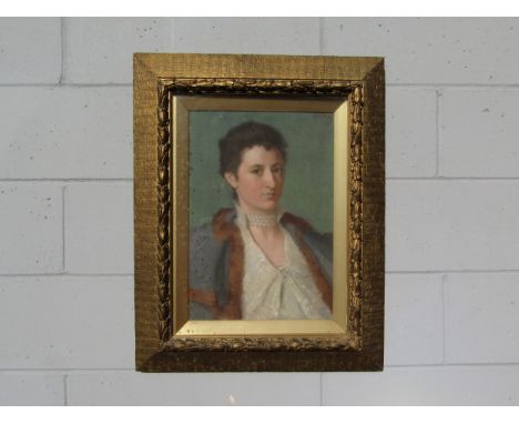 HARRY FRANK CUTTING (1865-1955 Suffolk artist): Half-length portrait of the artists wife, Anne Eliza wearing a blouse, fur-tr