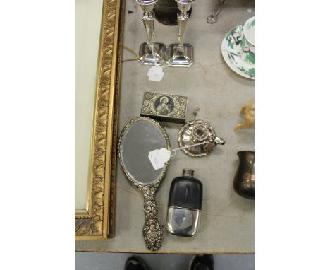 Silver backed hand mirror (A/F) hip flask, stamp box & chamber stick