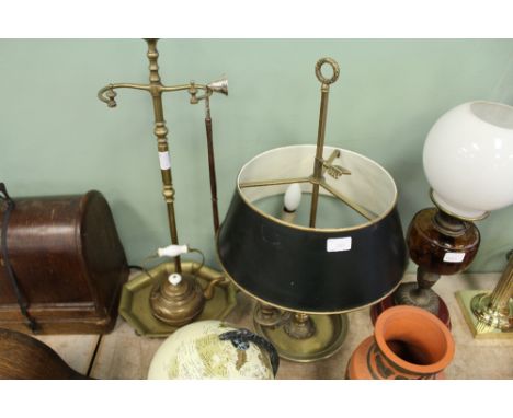 Brass lamp, teapot, snuffer, companion stand