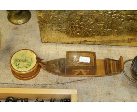 Mauchline ware bobbin holder and Sorrento cigarette box