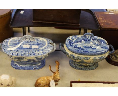 2 Spode blue & white tureens one with repair