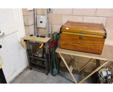 Tin trunk containing tools & step ladders etc