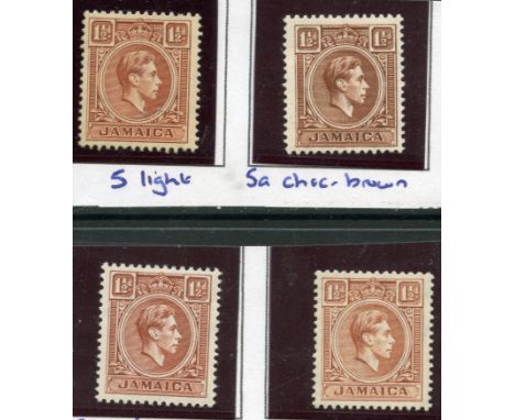 JAMAICA 1938 - 52 1½d light, chocolate, light red and pale brown shades as per Murray Payne mint.